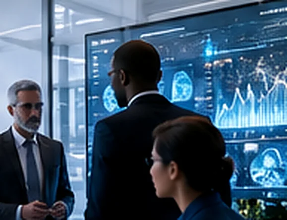 Colleagues reviewing data on large screens