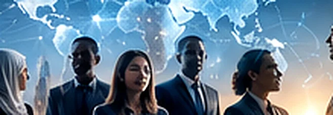 Colleagues in front of a world map